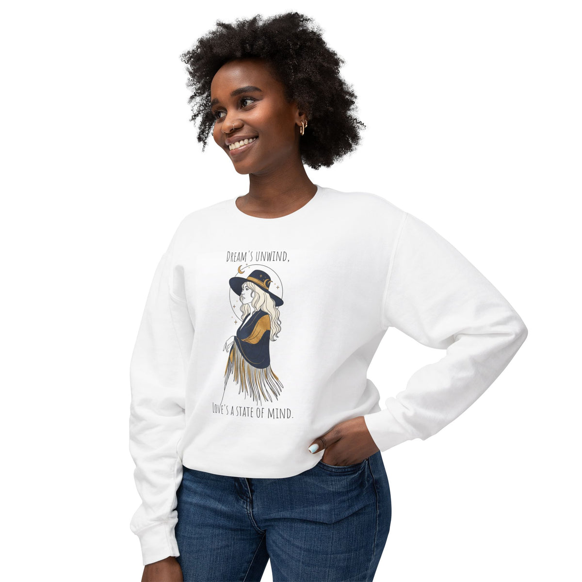 Dreamy Boho Witch Illustration Sweatshirt | 'Dream's Unwind, Love's a State of Mind'