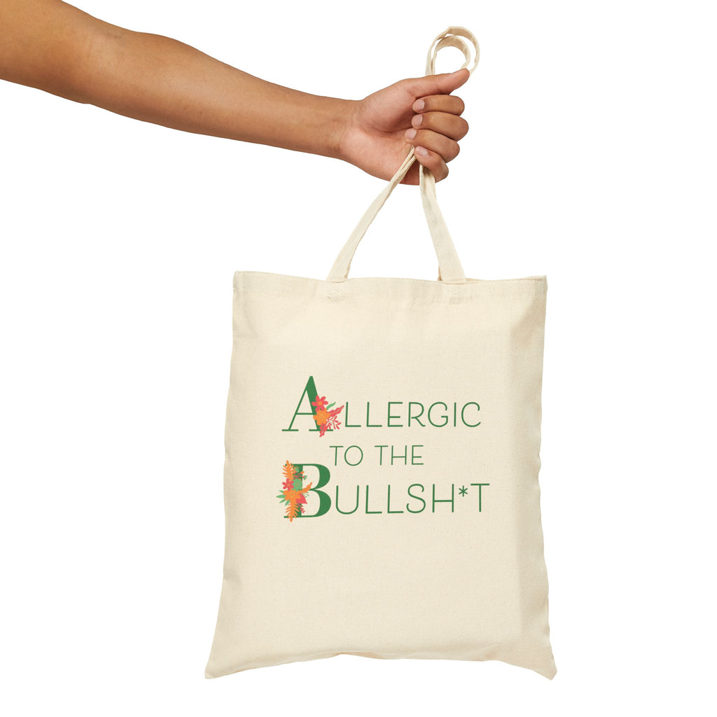 Allergic to the Bullsh— Tote Bag | Floral Lettering, Neutral Canvas