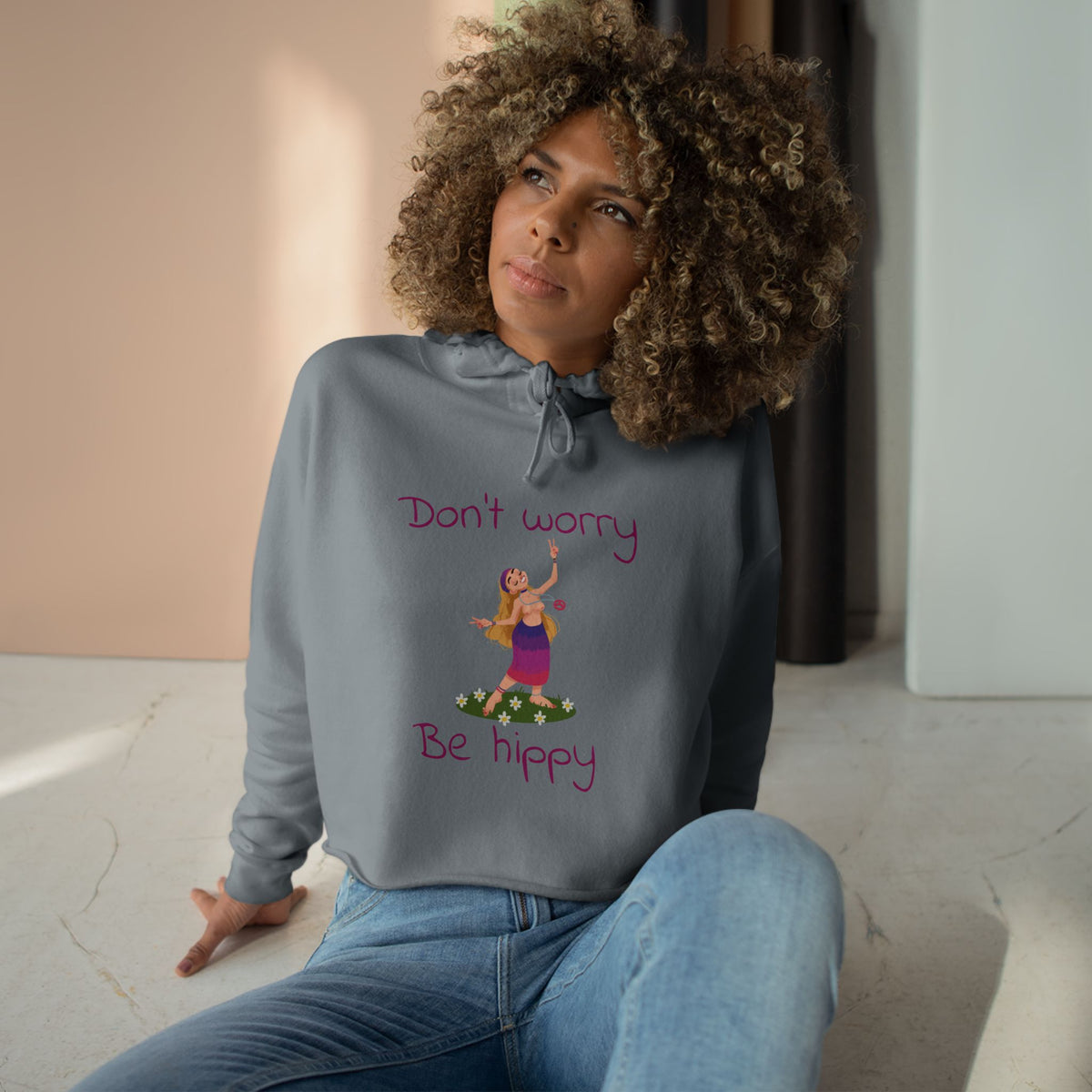 Don't Worry Be Hippy Crop Hoodie | Hippie Peace Flower Design