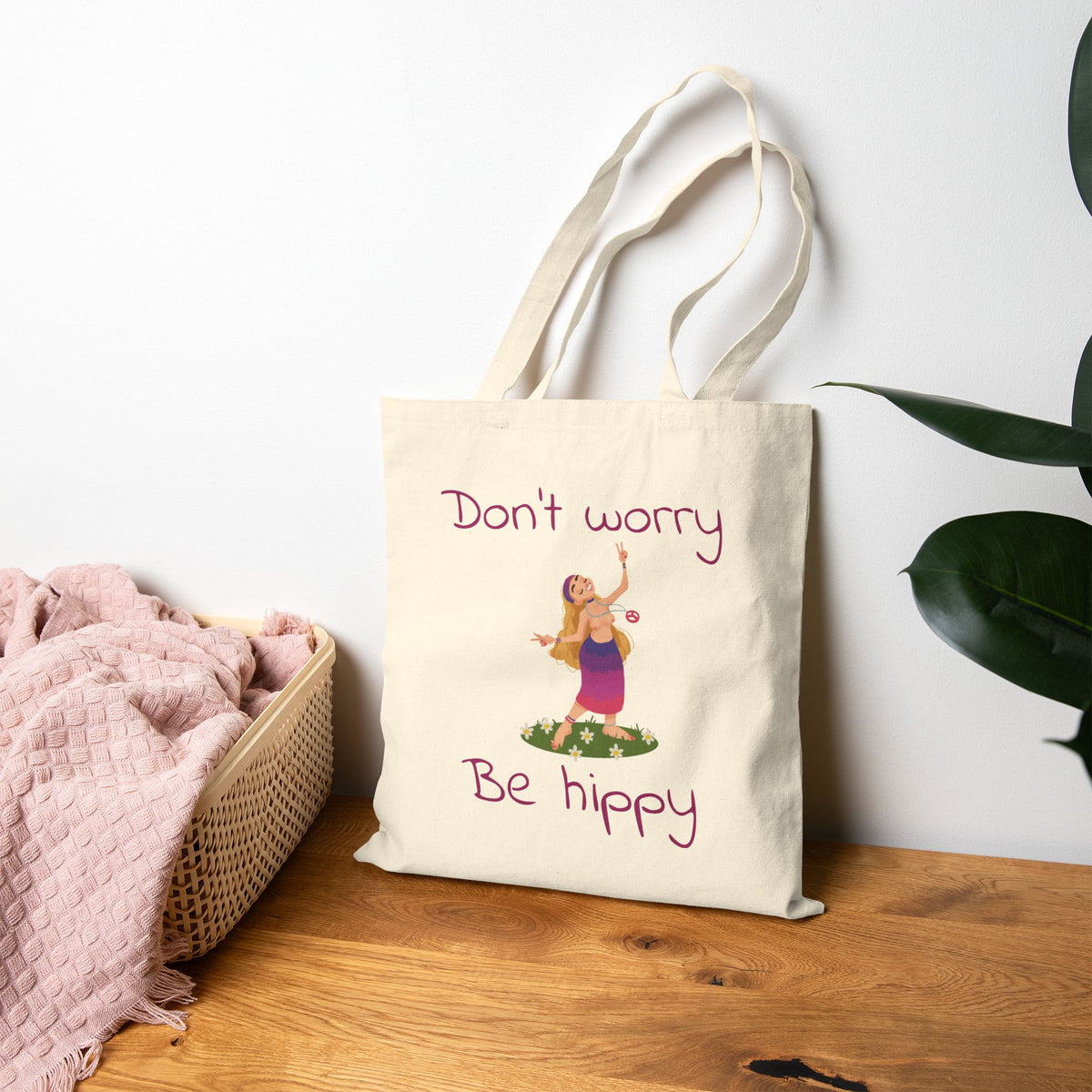 Don't Worry Be Hippy Tote Bag | Hippie Flower Peace Boho Canvas