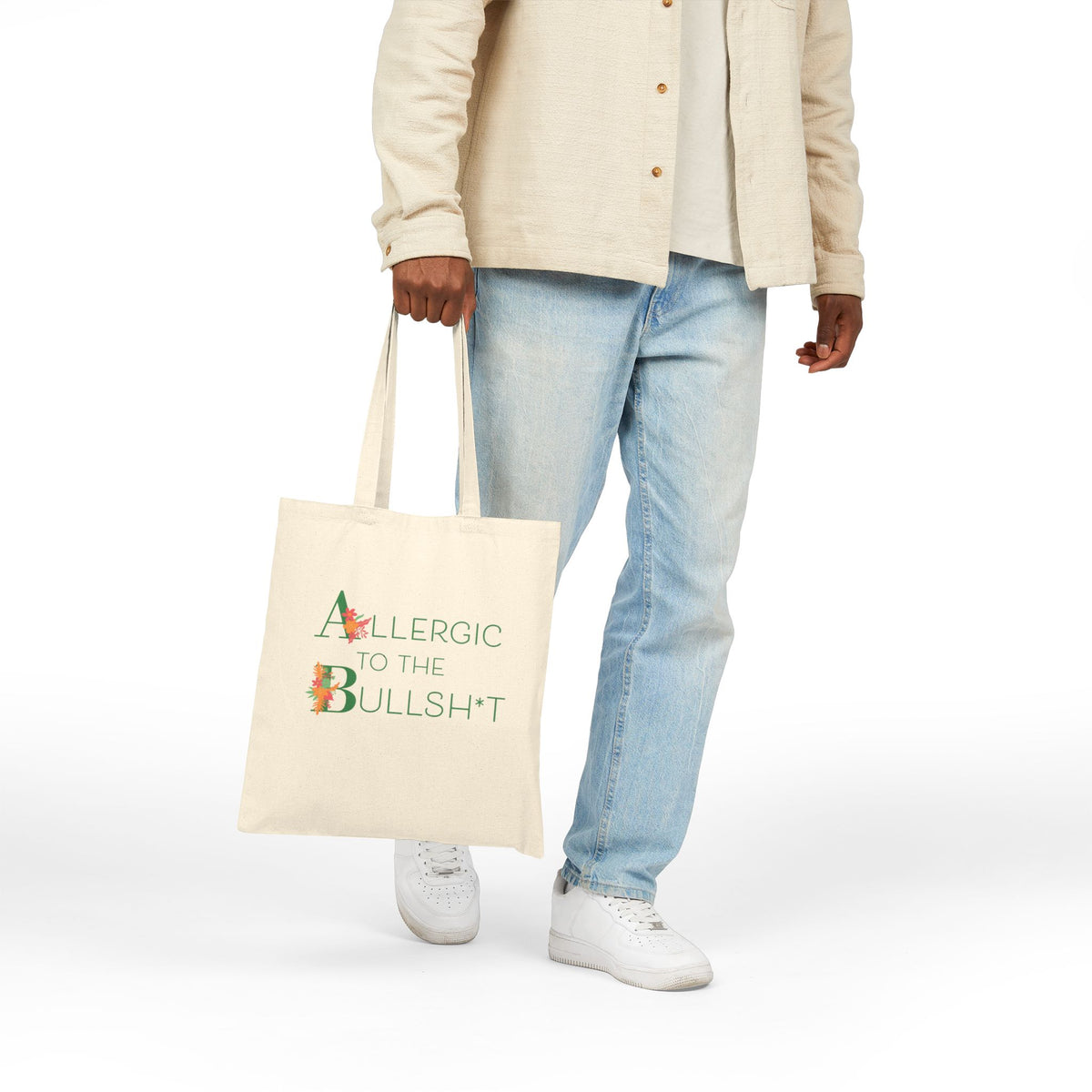 Allergic to the Bullsh— Tote Bag | Floral Lettering, Neutral Canvas