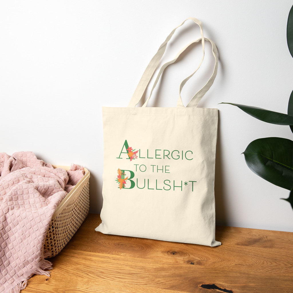 Allergic to the Bullsh— Tote Bag | Floral Lettering, Neutral Canvas