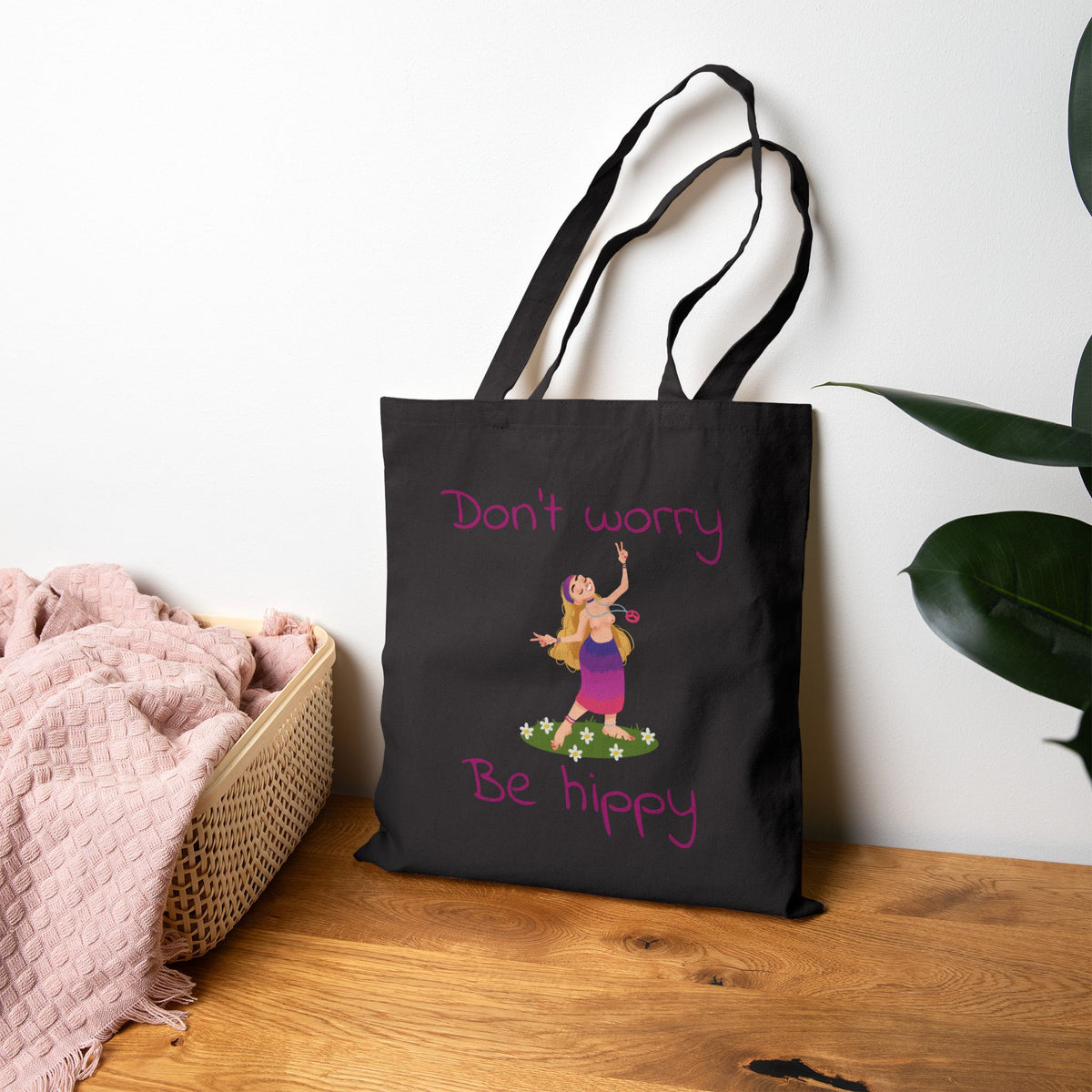 Don't Worry Be Hippy Tote Bag | Hippie Flower Peace Boho Canvas