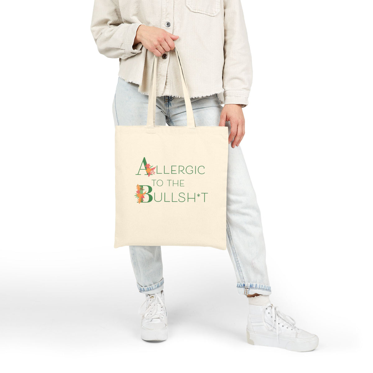 Allergic to the Bullsh— Tote Bag | Floral Lettering, Neutral Canvas