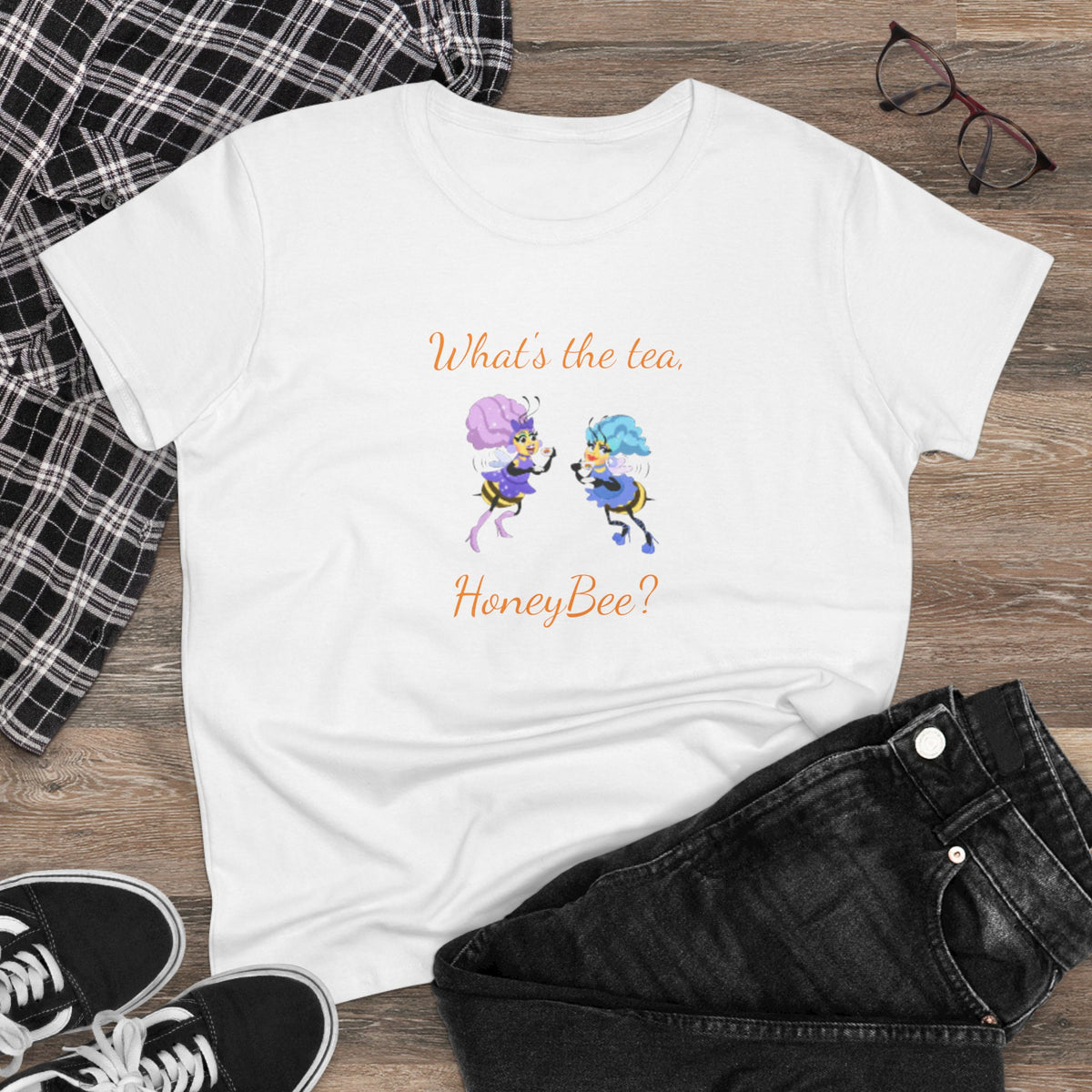 What's the tea, HoneyBee? Women's Tshirt — Cute Bee Spilling the Tea Graphic Shirt