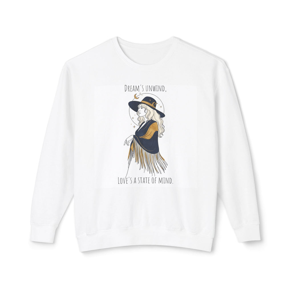 Dreamy Boho Witch Illustration Sweatshirt | 'Dream's Unwind, Love's a State of Mind'
