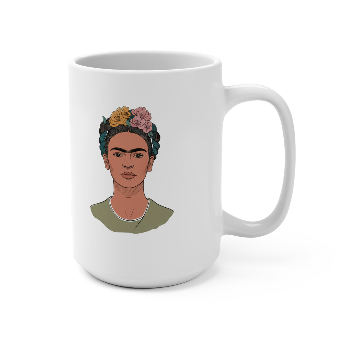 15oz Ceramic Mug — Frida Kahlo Floral Portrait Coffee Cup