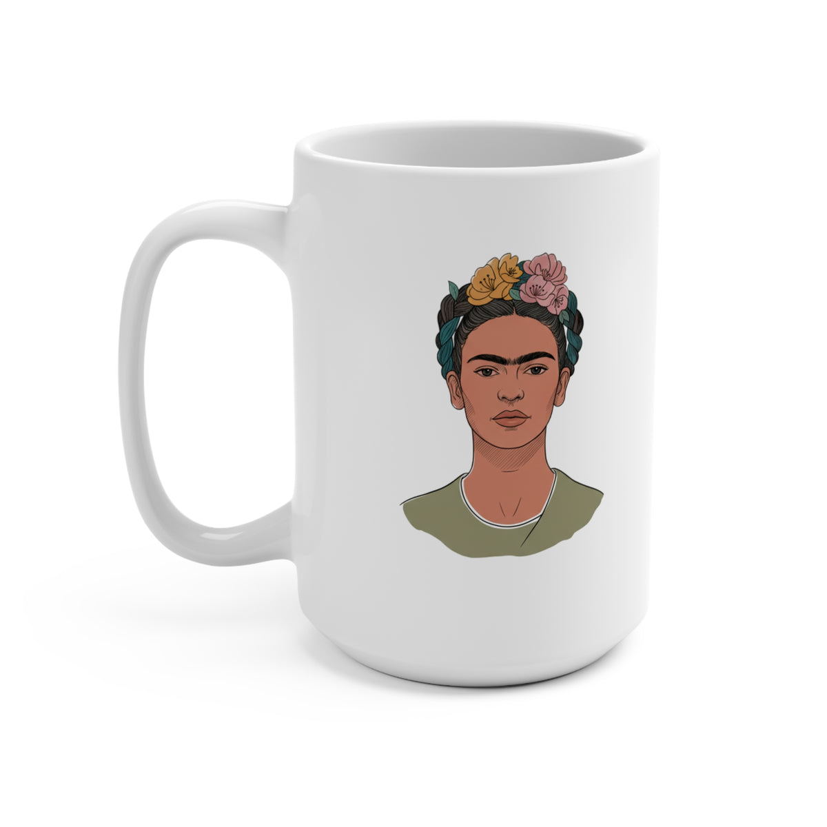 15oz Ceramic Mug — Frida Kahlo Floral Portrait Coffee Cup