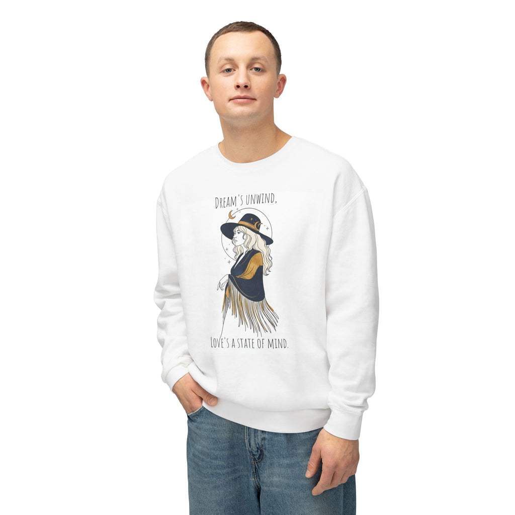 Dreamy Boho Witch Illustration Sweatshirt | 'Dream's Unwind, Love's a State of Mind'