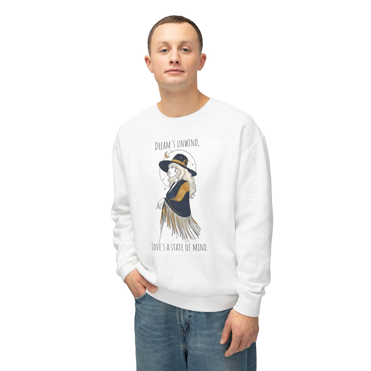 Dreamy Boho Witch Illustration Sweatshirt | 'Dream's Unwind, Love's a State of Mind'