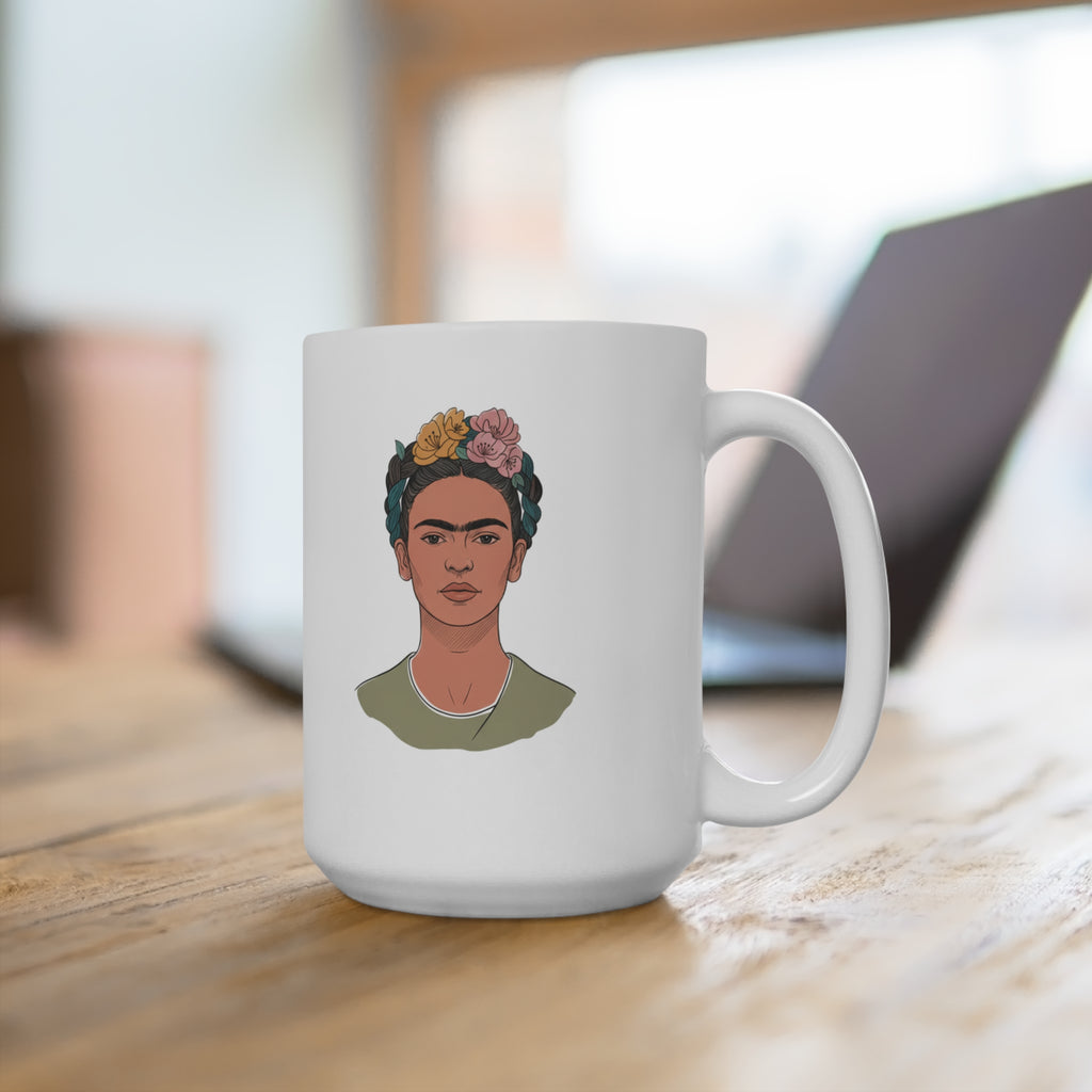 15oz Ceramic Mug — Frida Kahlo Floral Portrait Coffee Cup