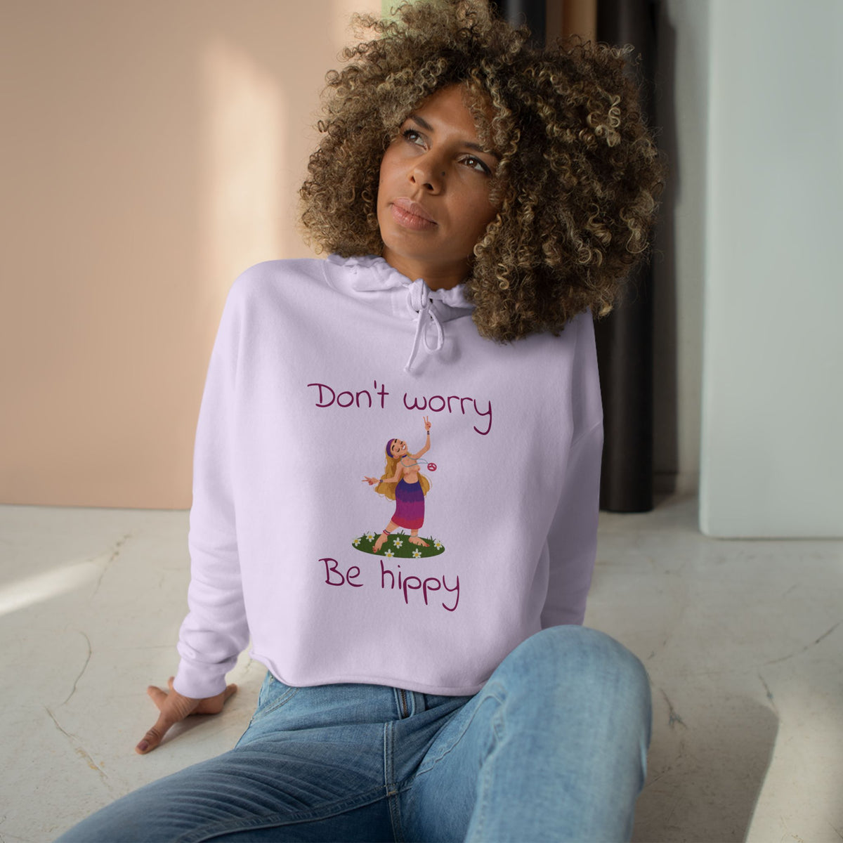 Don't Worry Be Hippy Crop Hoodie | Hippie Peace Flower Design