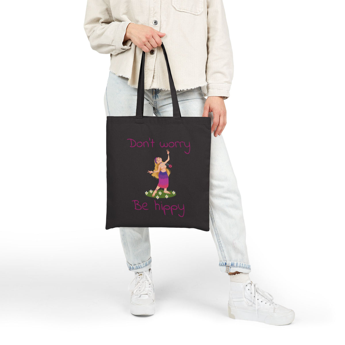 Don't Worry Be Hippy Tote Bag | Hippie Flower Peace Boho Canvas