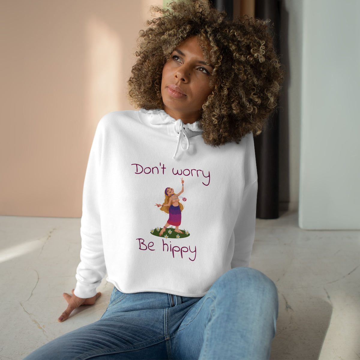 Don't Worry Be Hippy Crop Hoodie | Hippie Peace Flower Design