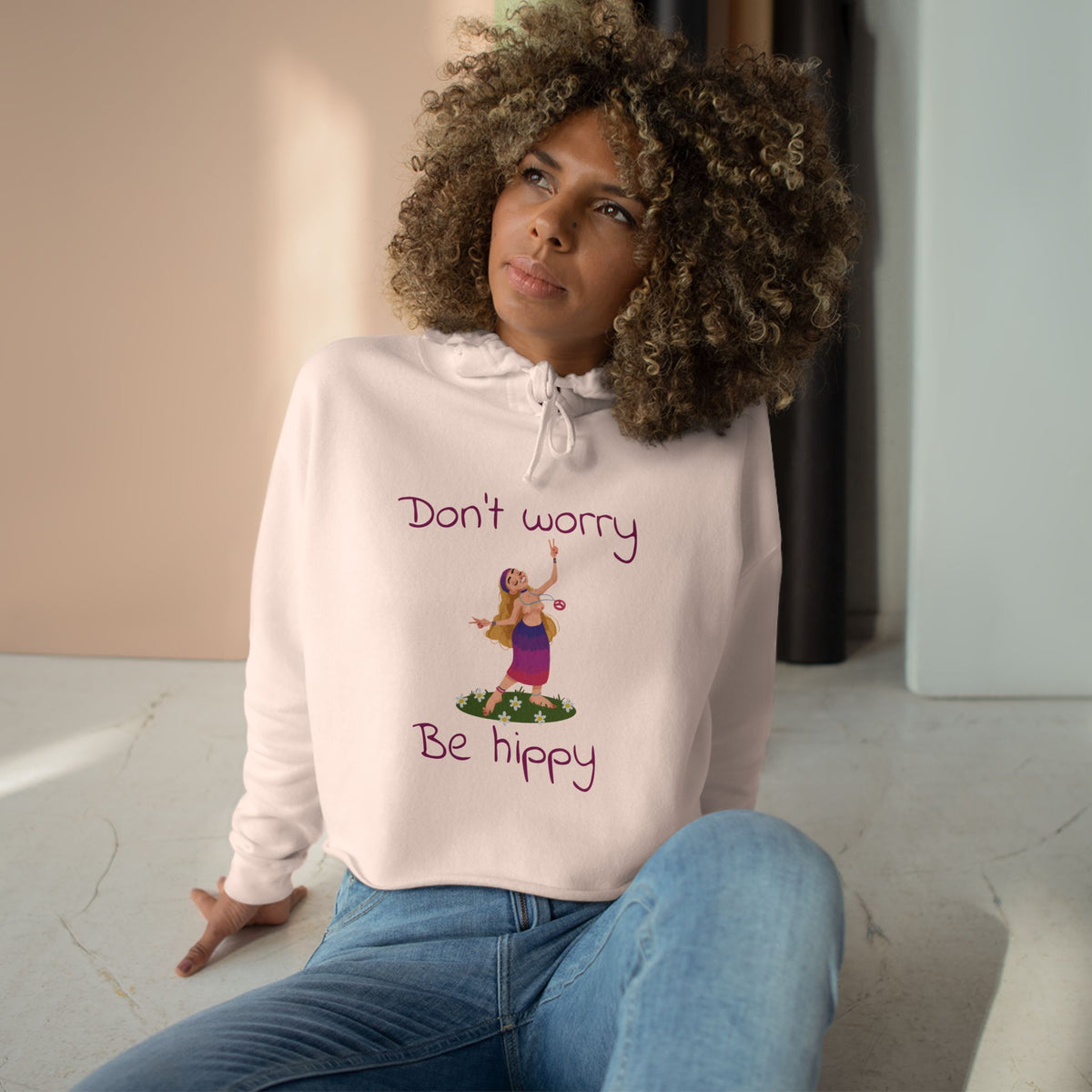 Don't Worry Be Hippy Crop Hoodie | Hippie Peace Flower Design